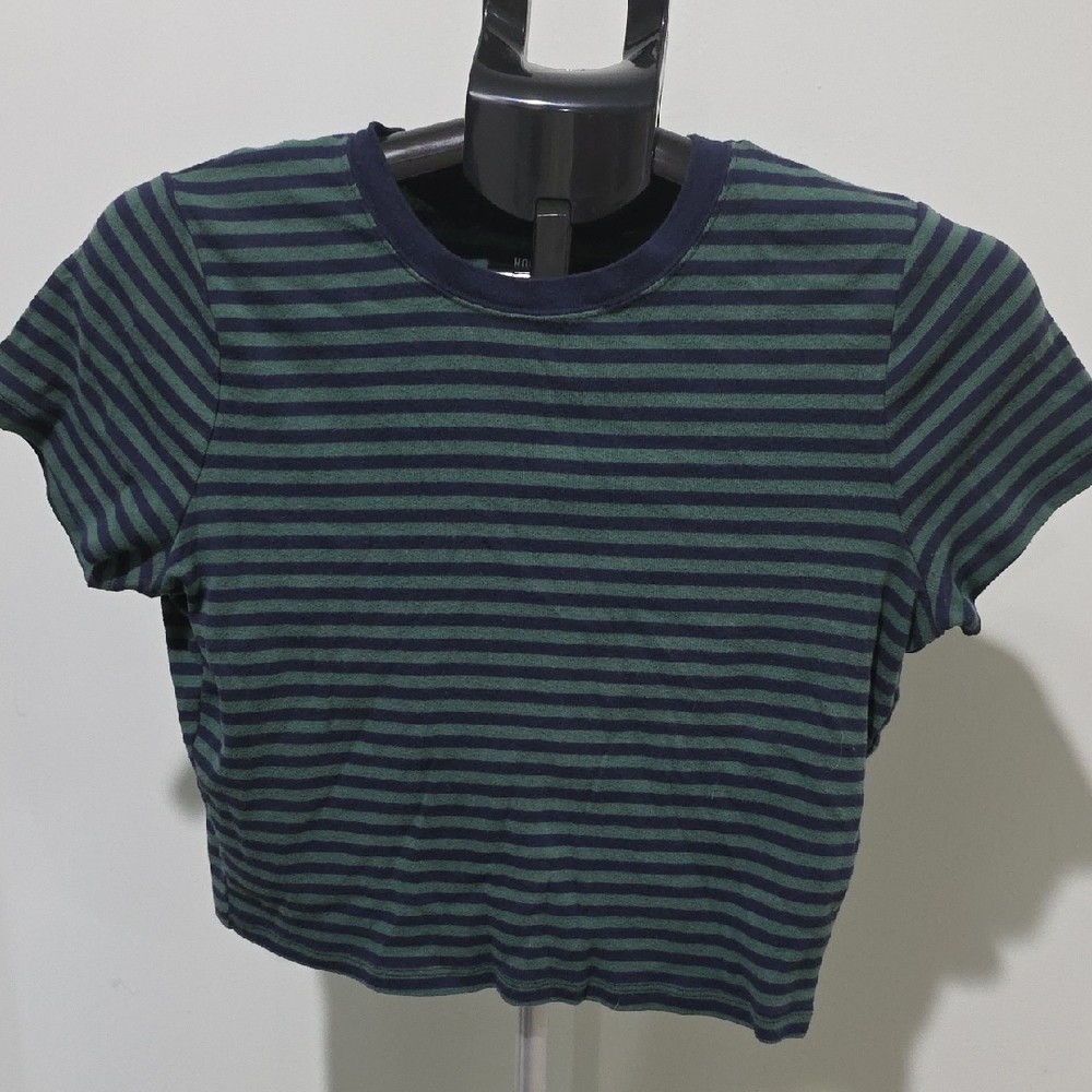 Hollister Green and Navy Striped Crop Tee